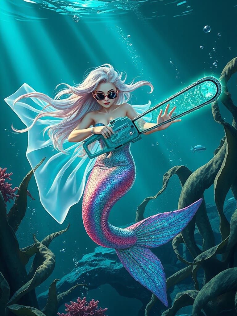 Glowing Chainsaw Wielding Mermaid in Shimmering Gravy Curtai...