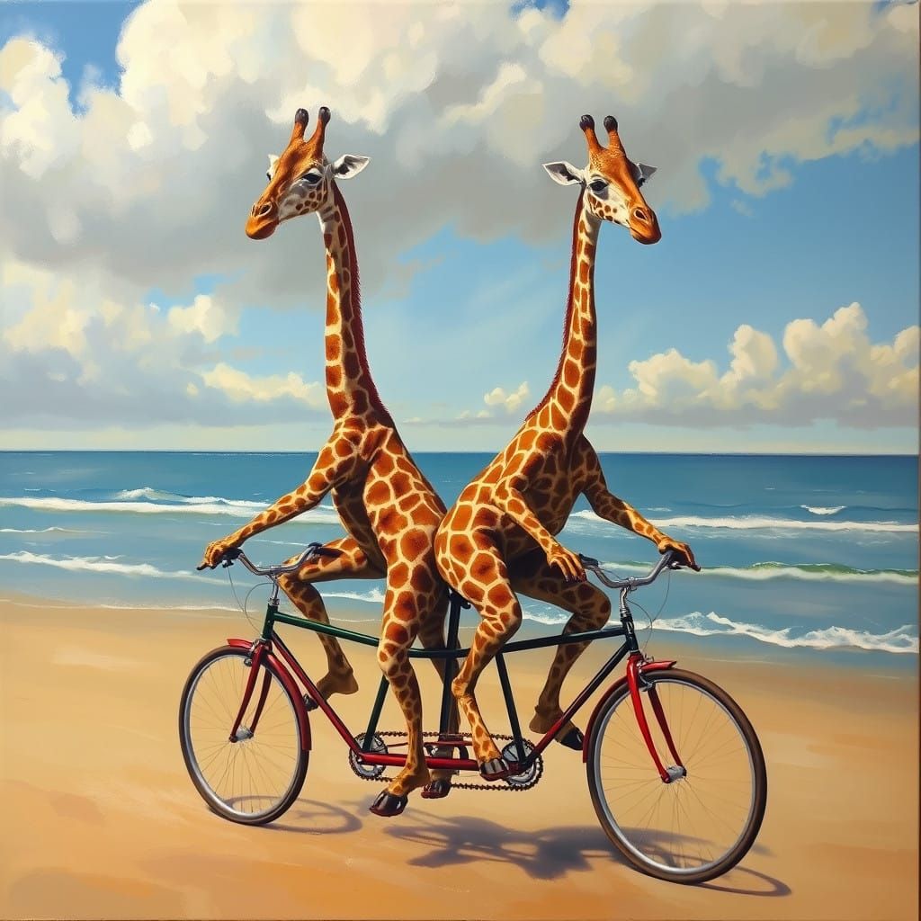Surrealist oil painting. Two giraffes riding tandem bikes on...