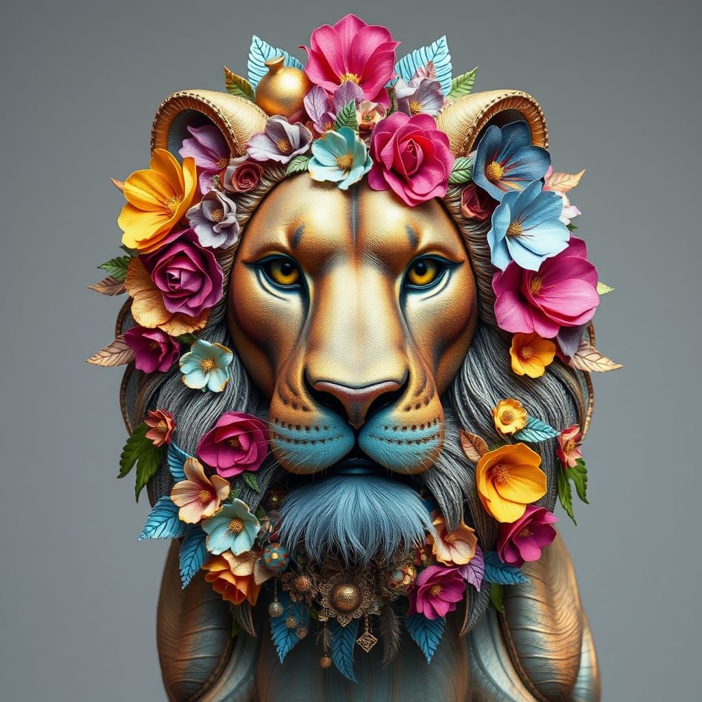 Majestic Lion Made of Flowers and Fabrics
