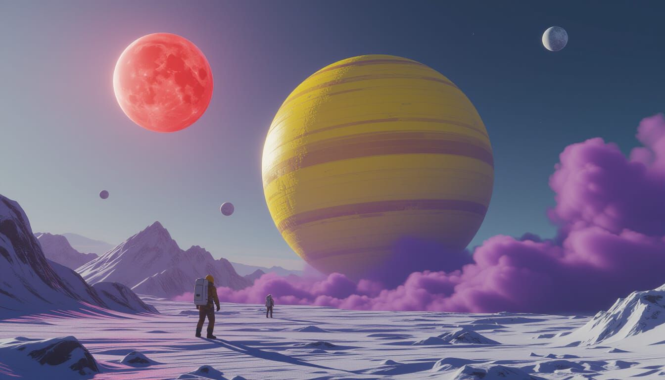Gas Giant with Moons and Nebula: Cinematic 3D Render