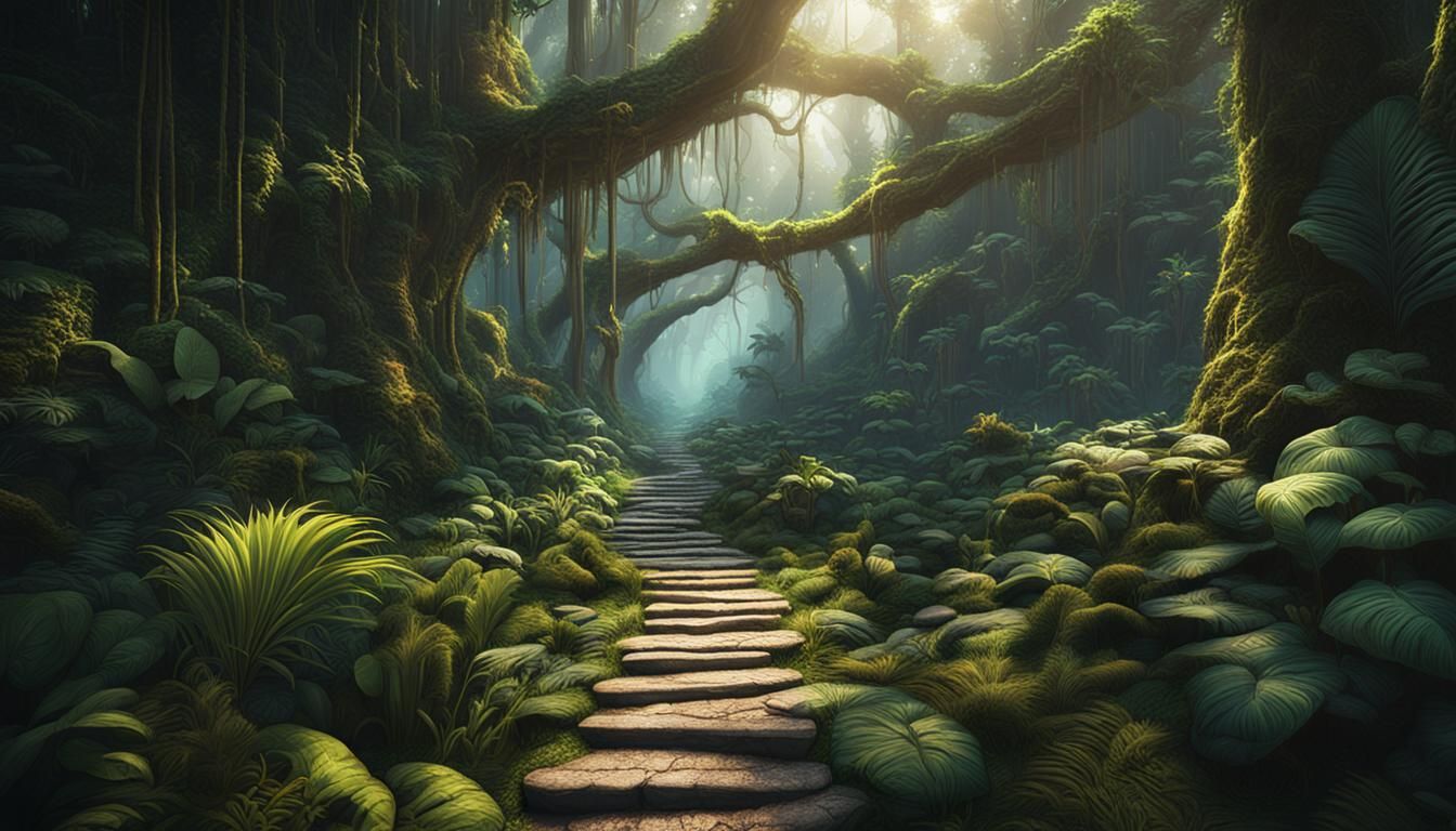 Sunlit Jungle Path in Detailed Digital Painting