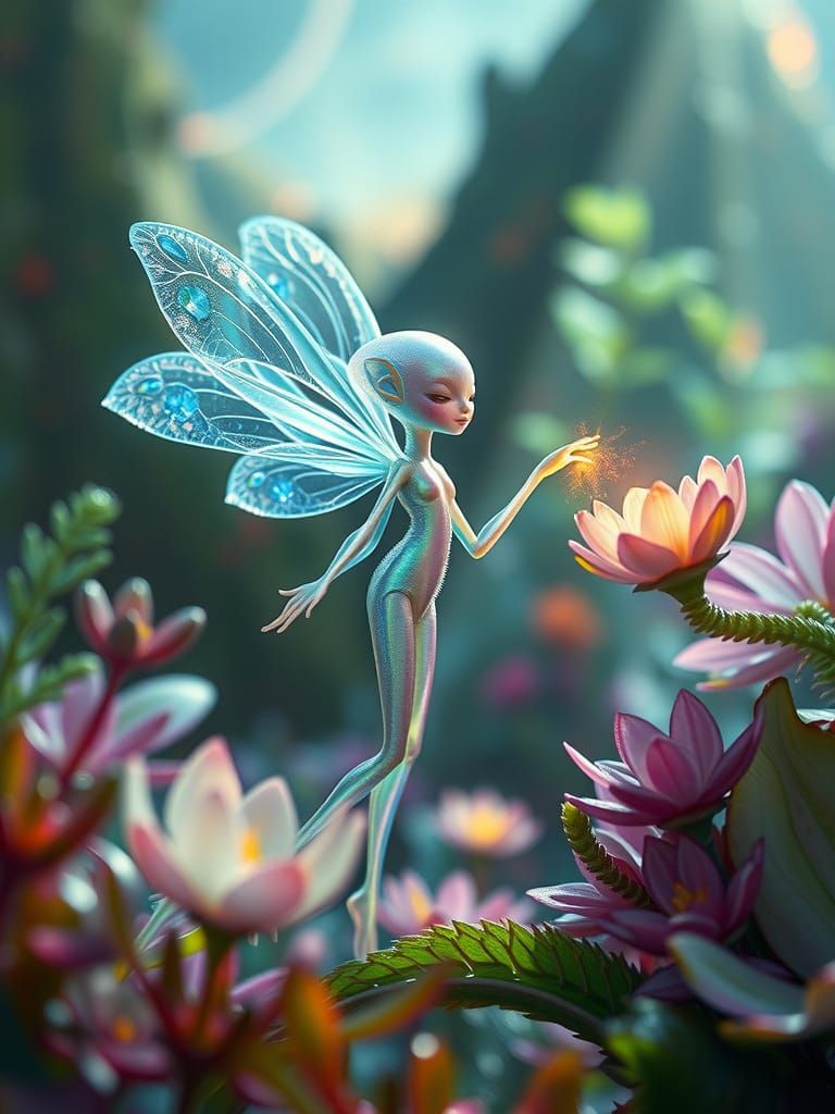 Iridescent Alien Being Amidst Vibrant Alien Flora