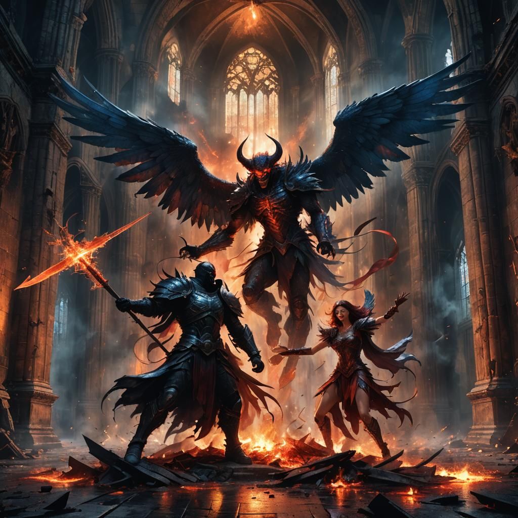 Epic Demon Angel Battle in Ruined Cathedral