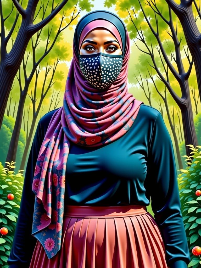 Woman with Facemask in Forest Oil Painting
