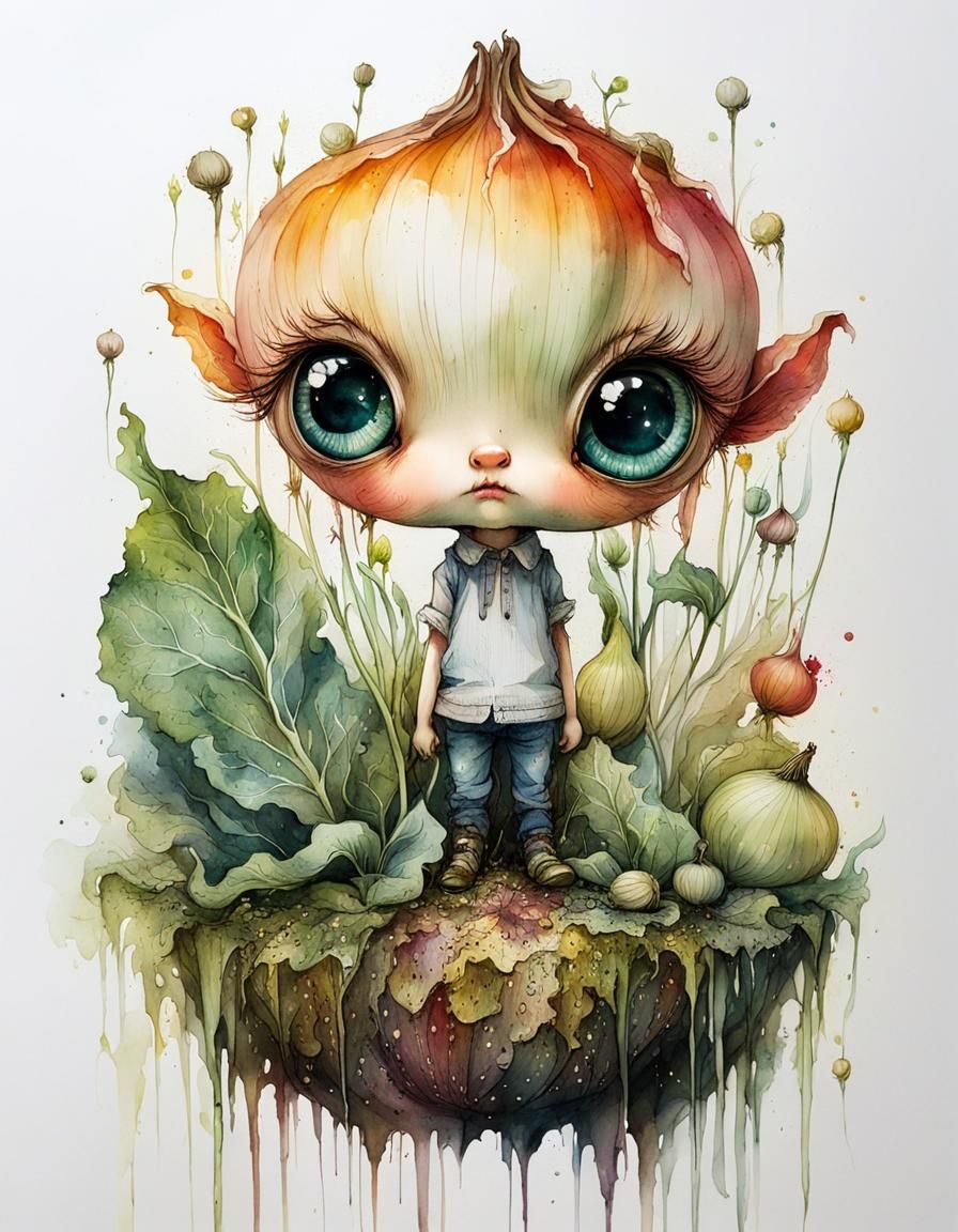Crying Chibi Onion in Fantasy Garden