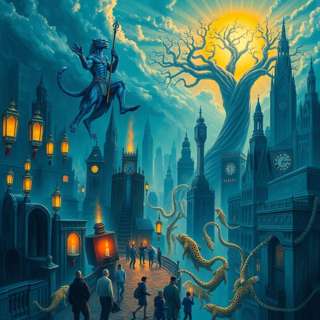 Teal Cityscape with Divine Figures Descending