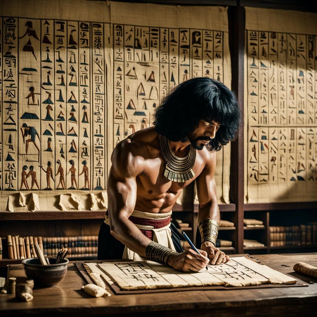 Ancient Egyptian Scribe Writing in Library