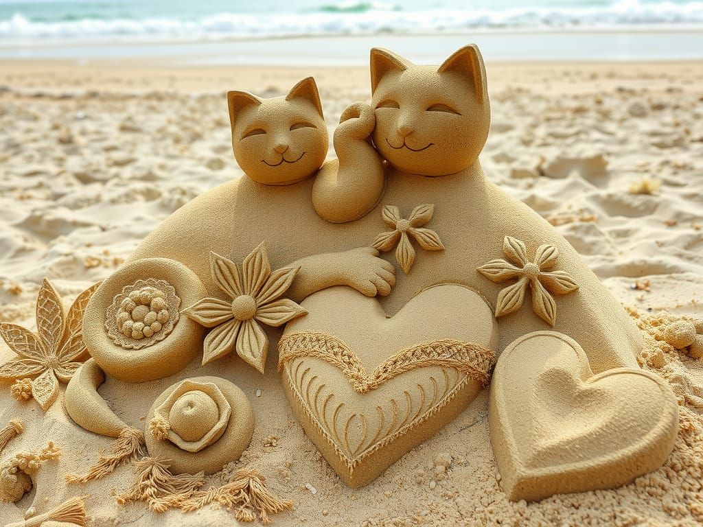 Beach Sand Sculpture: Cats, Flowers, Hearts