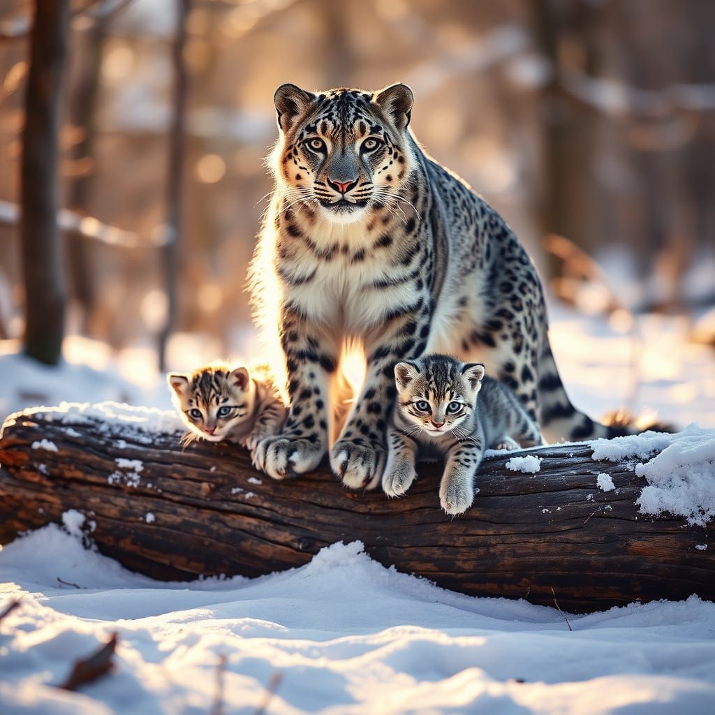 Regal Snow Leopard Mother and Kittens in Serene Winter Lands...