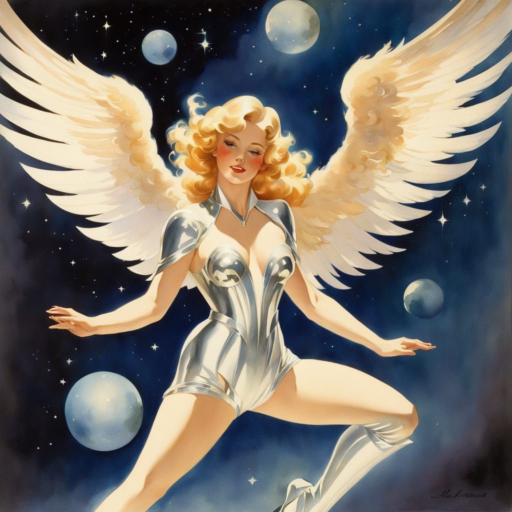 Angel in Silver Spacesuit Soaring in Cosmos