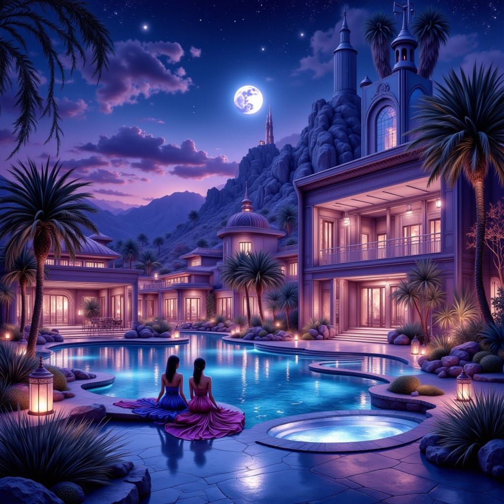 Violet Oasis Village at Night in Fantasy Style
