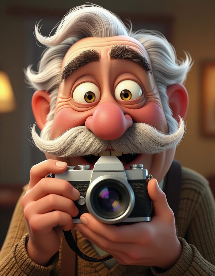 Funny Old Man with Moustache Takes Close-Up Selfie