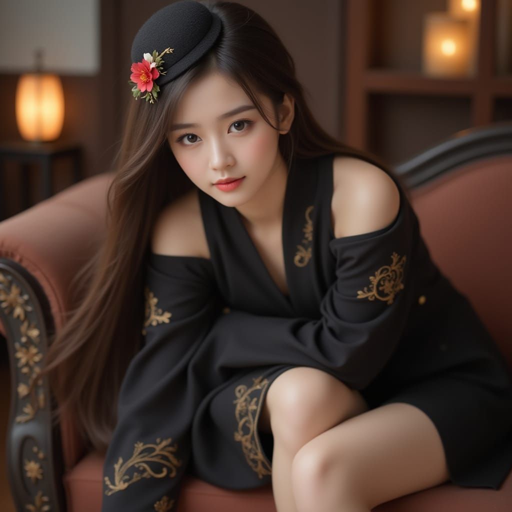 Young Woman in Traditional Attire with Floral Hat