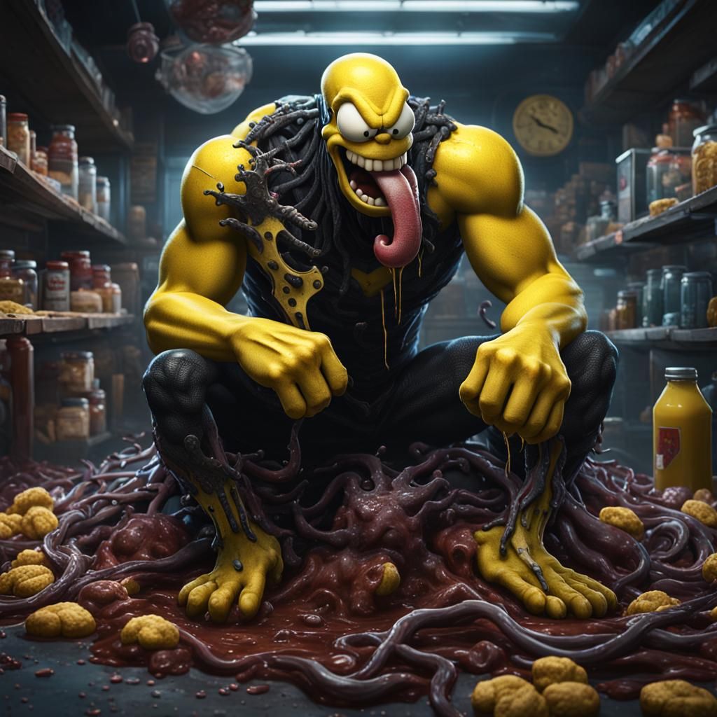 Venom Symbiote Inside Homer Simpson, Detailed Matte Painting