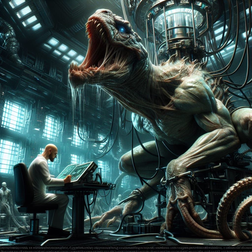 Terrifying Reptile Hybrid in Dark Sci-Fi Lab