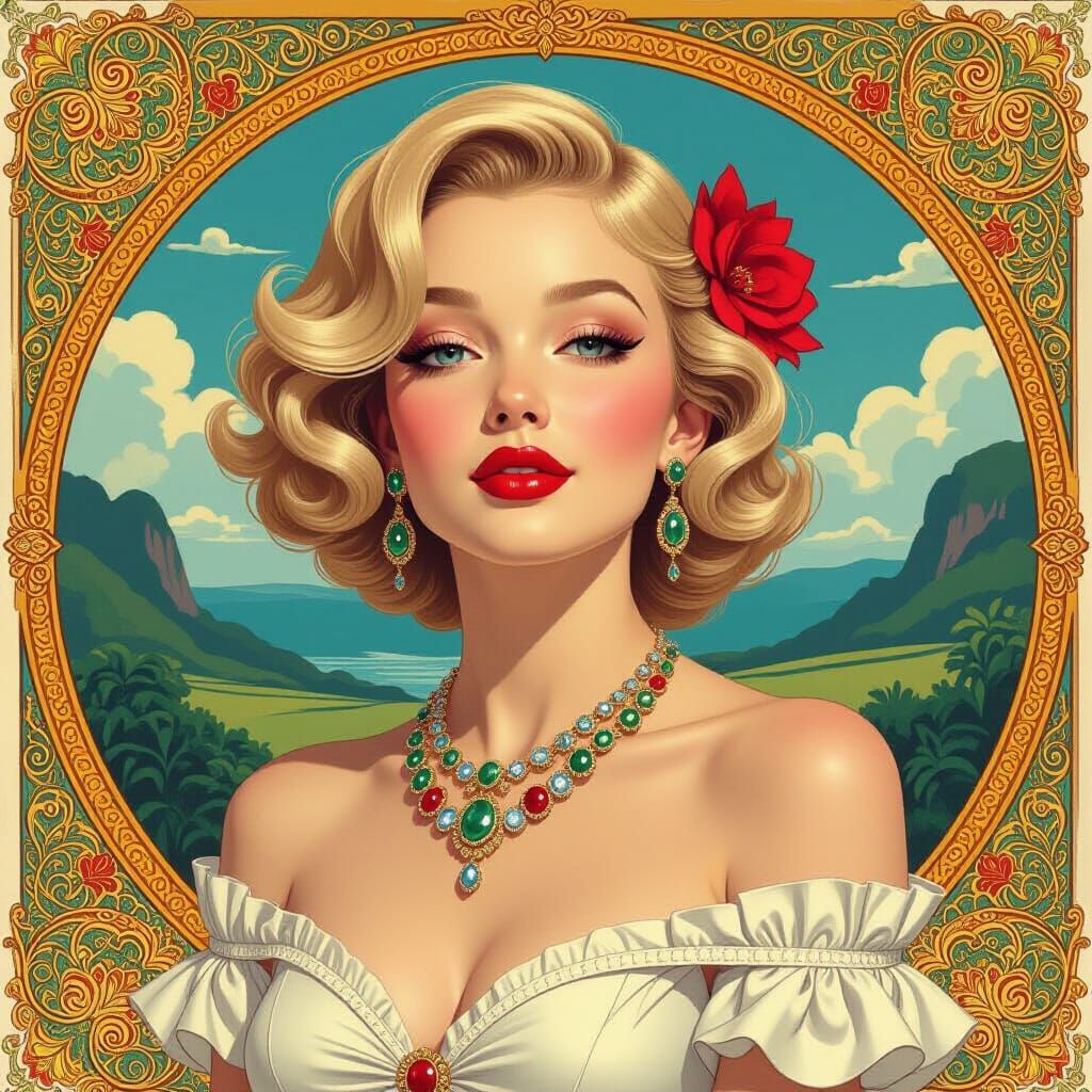 Ornate Portrait of a Woman with Jewels in Exotic Landscape