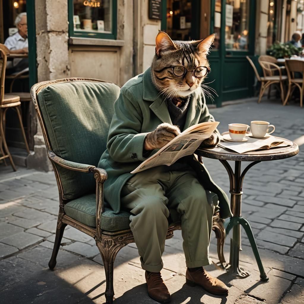 Hyperrealistic Cat Portrait at Paris Cafe