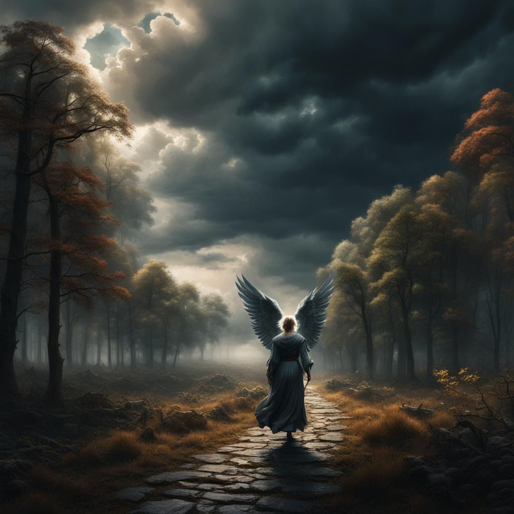 Angel Guides Lost Soul Through Stormy Woods