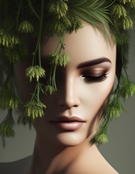 Floral Tattooed Woman in Mossy Forest, Digital Art