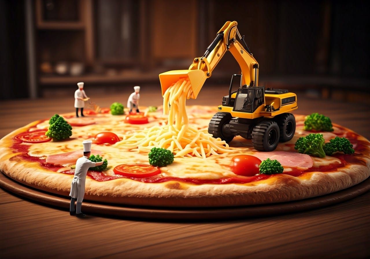 Miniature Chefs Constructing Giant Pizza