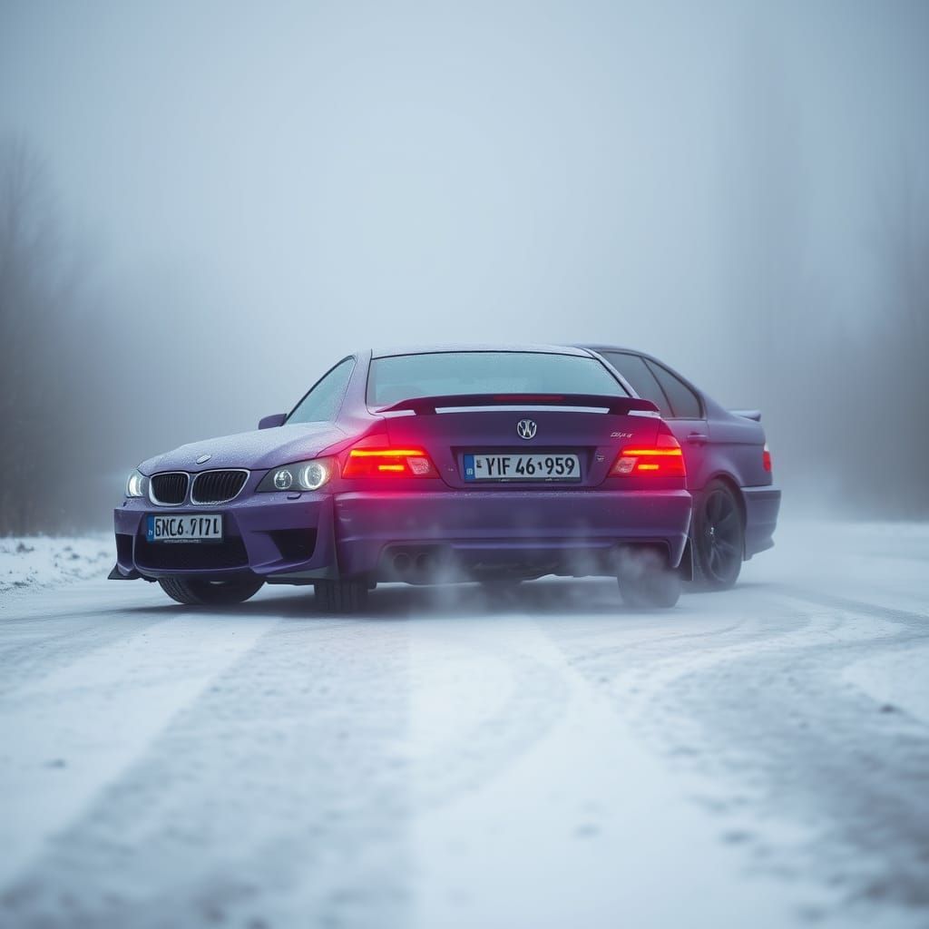 Winter Landscape with Purple Vehicle in Grey Mist