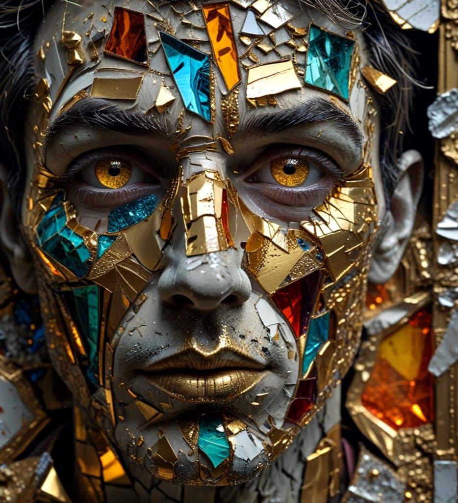 Abstract Surrealist Goldface in Mixed Media Collage