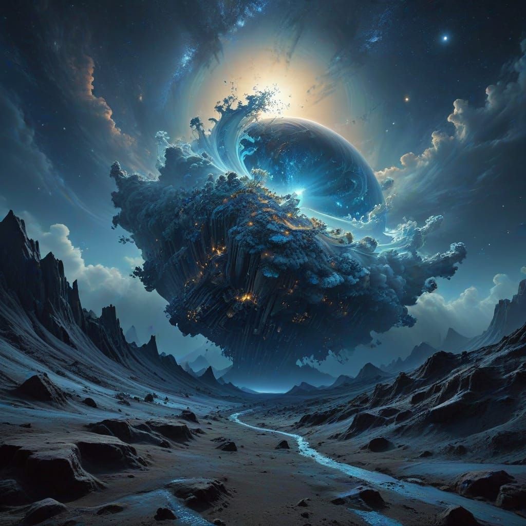 Surreal Blue Planet with Fractal Terrain in Cosmic Landscape