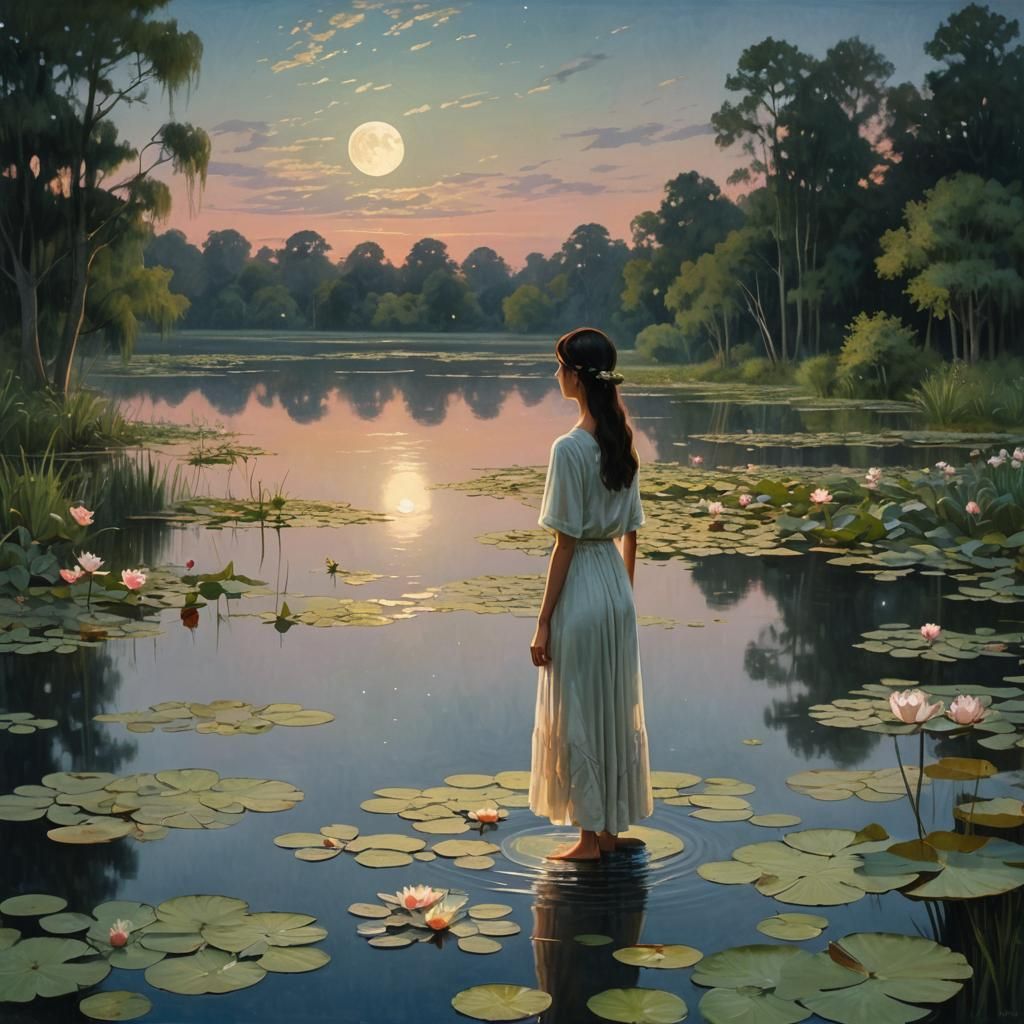 Ethereal Lunar Glow over Serene Lakeside Scene