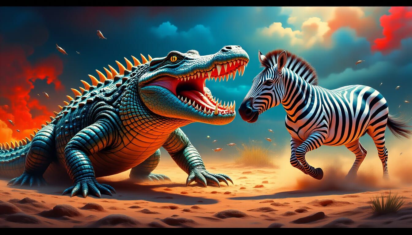 Crocodile Battles Zebra in Giger-Inspired Horror Surrealism