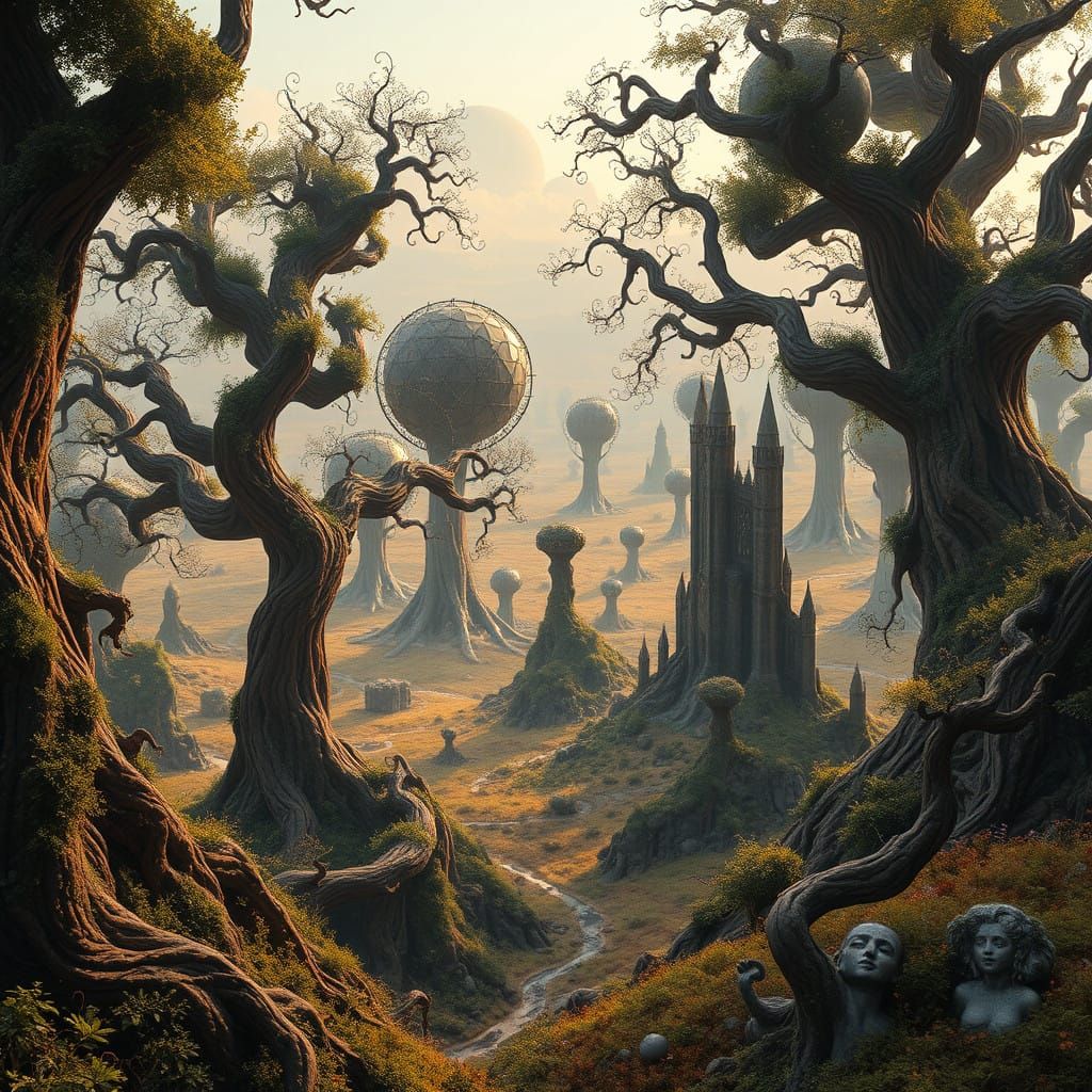 Enchanted Landscape with Twisted Trees and Ancient Spires