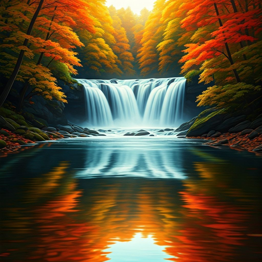 Autumn River Reflections Flowing to a Waterfall