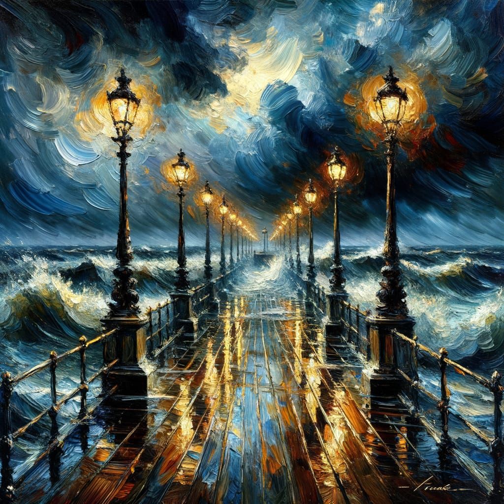 Tempestuous Night: Impressionist Pier Under Stormy Sky