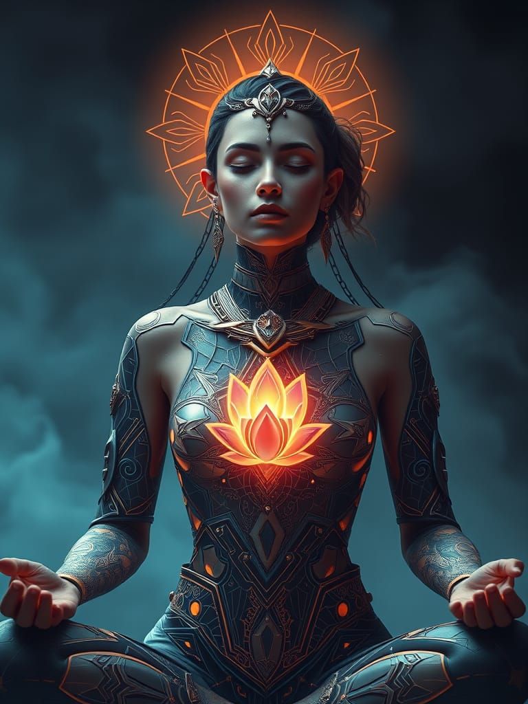 Serene Woman Meditating in Cyberpunk Desert Mysticism Style