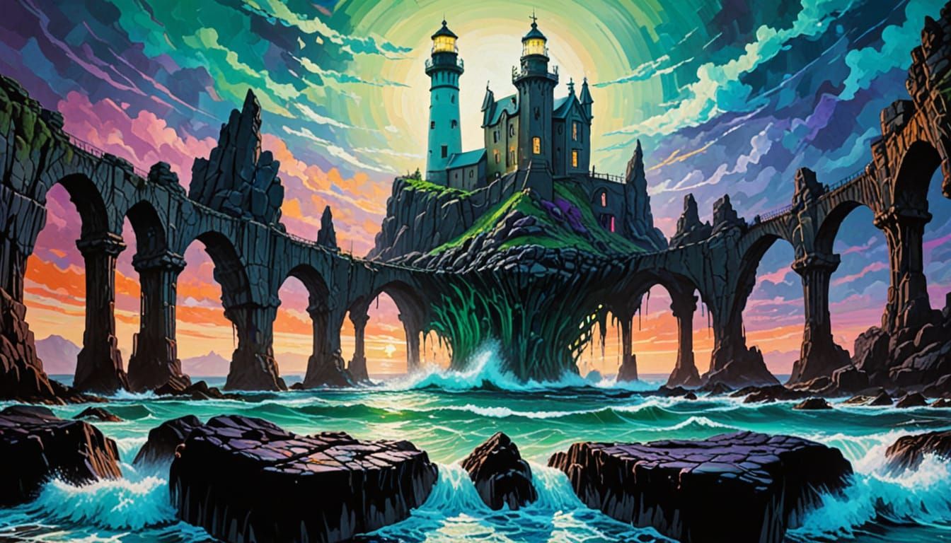 Gothic Lighthouse on Jagged Rocks in X-Ray Style