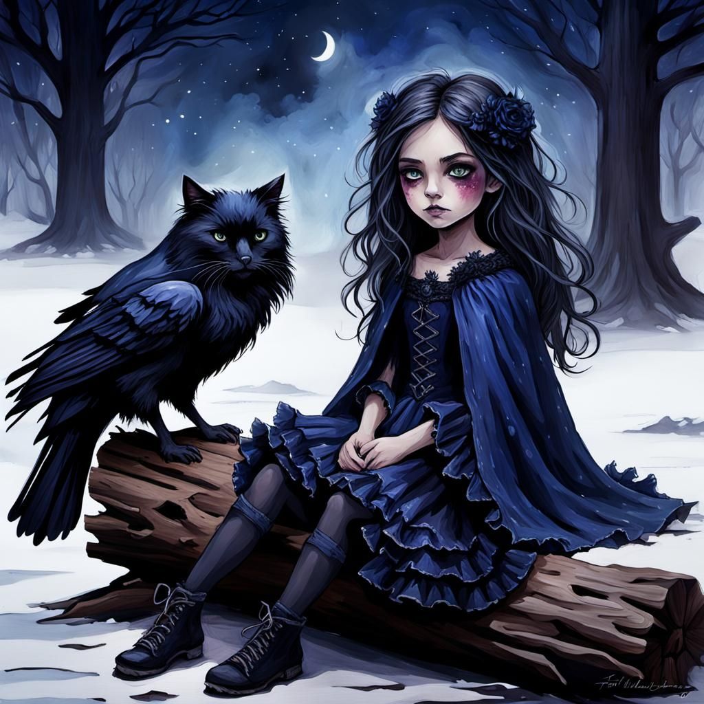 Goth girl with her chimera cat raven 🐦‍⬛