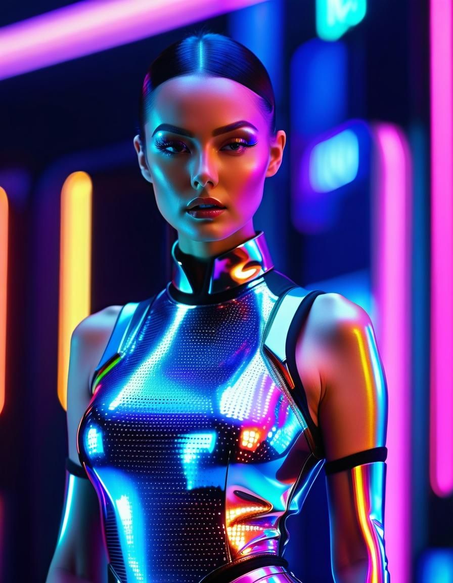 Cyberpunk Woman in Neon Lit Futuristic Garment
