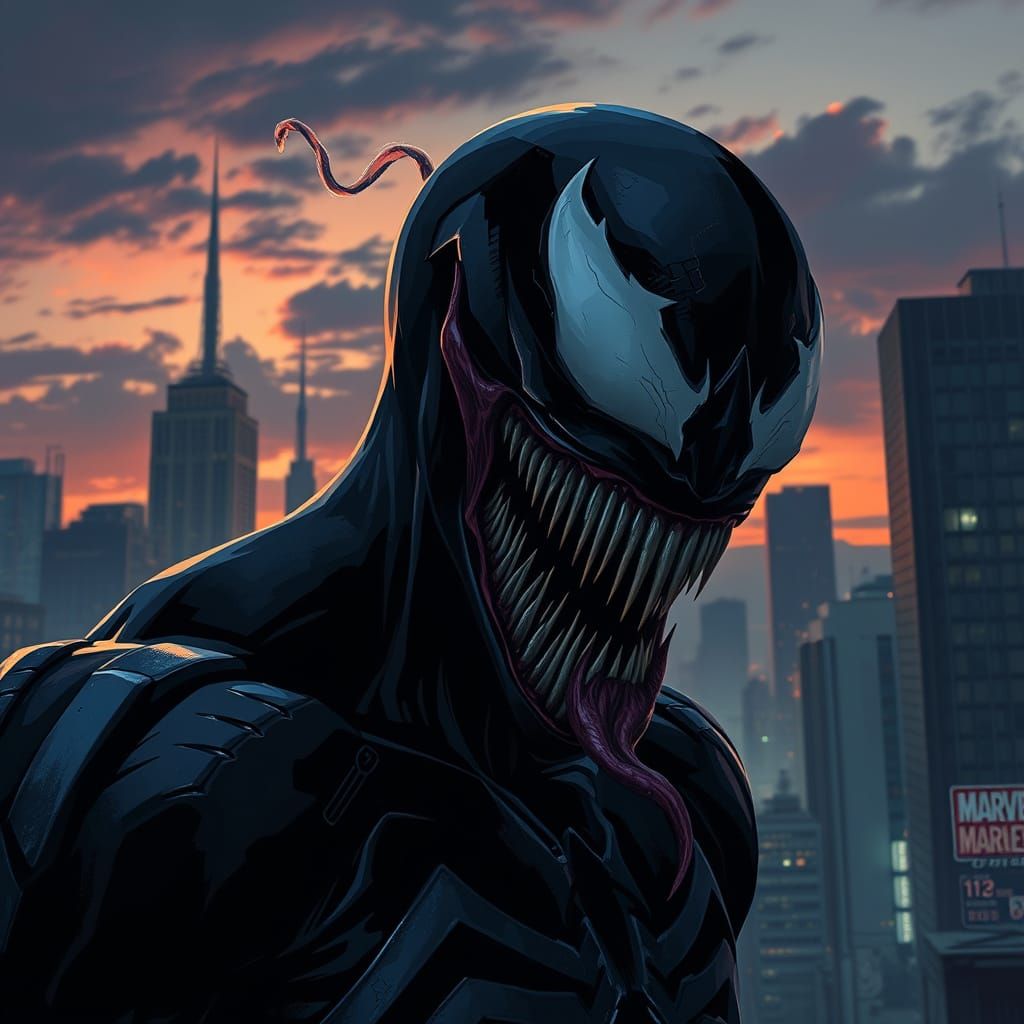Dark Venom in Dystopian Cityscape at Dusk
