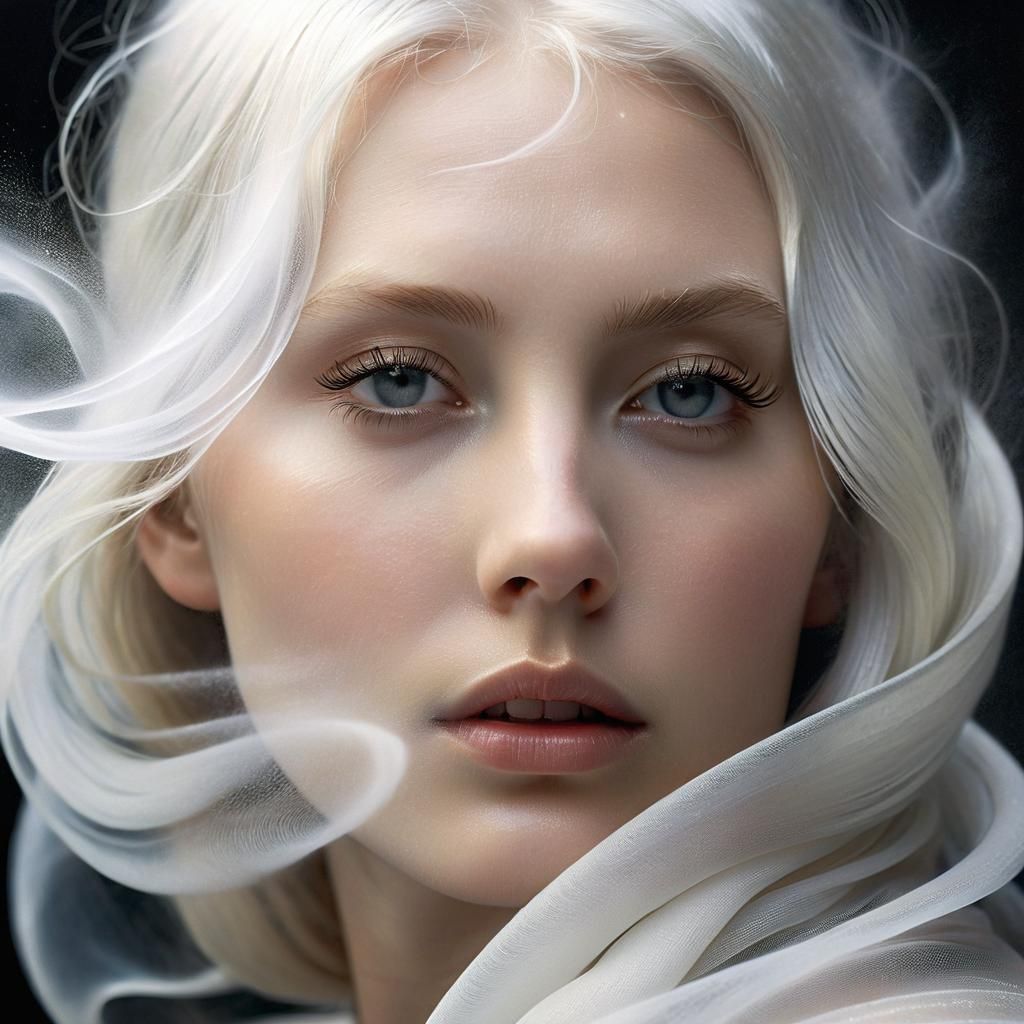 Girl Enveloped by Swirling Mist in Surreal Realism