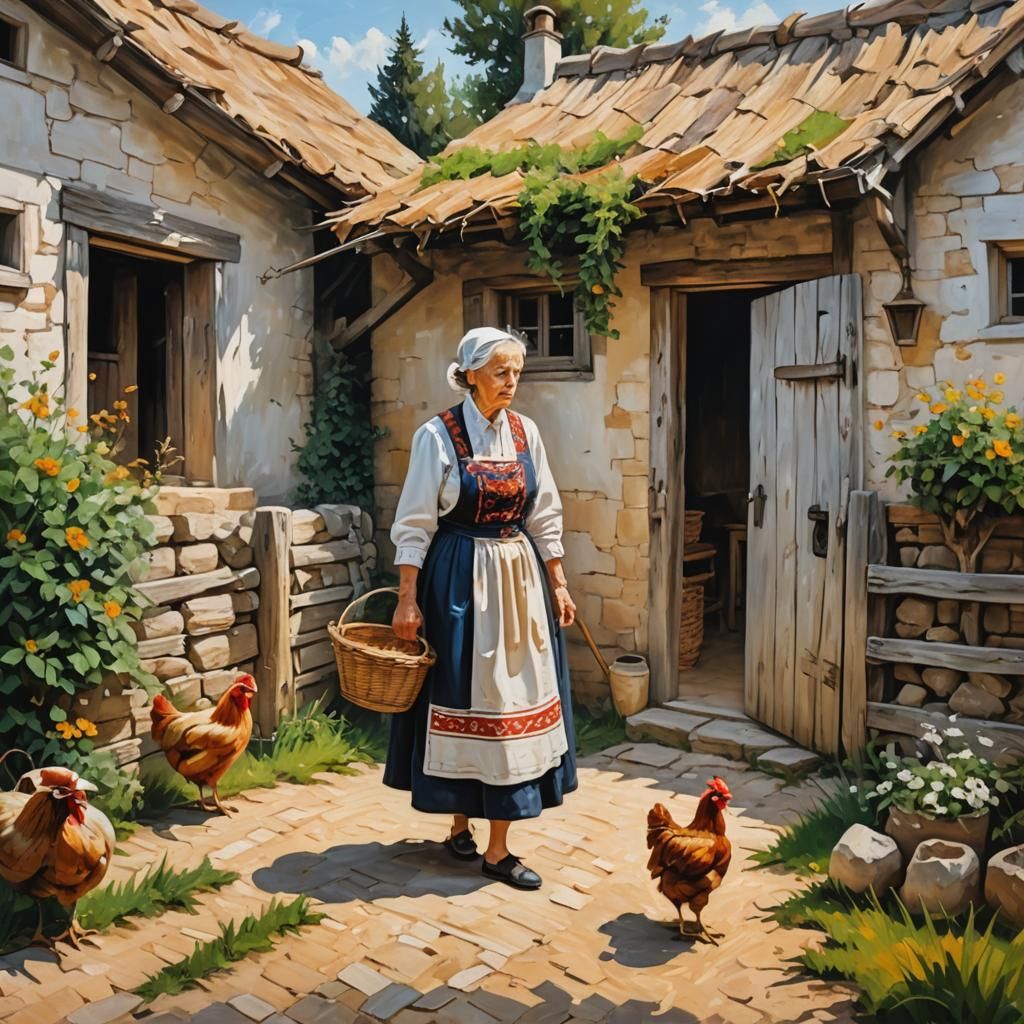 Croatian Farmhouse Scene as Impasto Painting