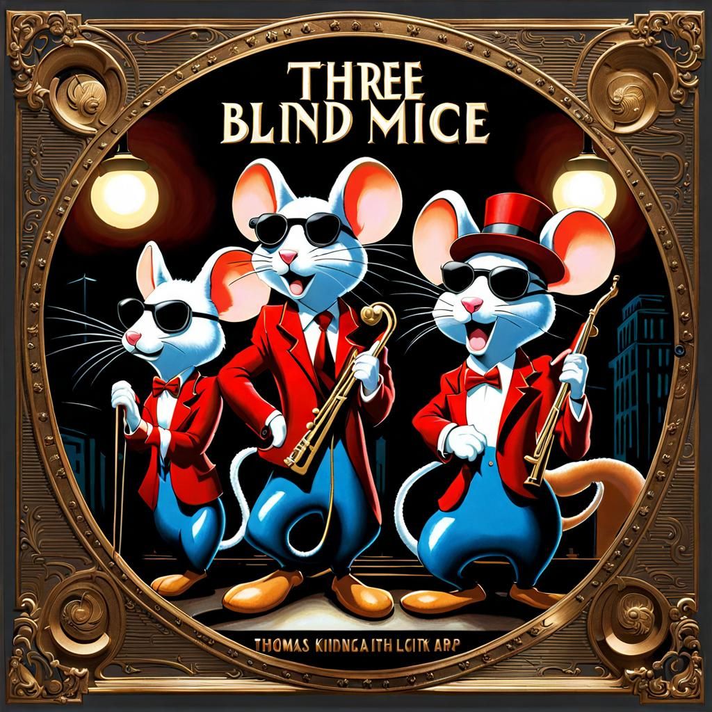 Three blind mice rap band, splash art, Film noir city background, by Thomas Kinkade, dynamic lighting