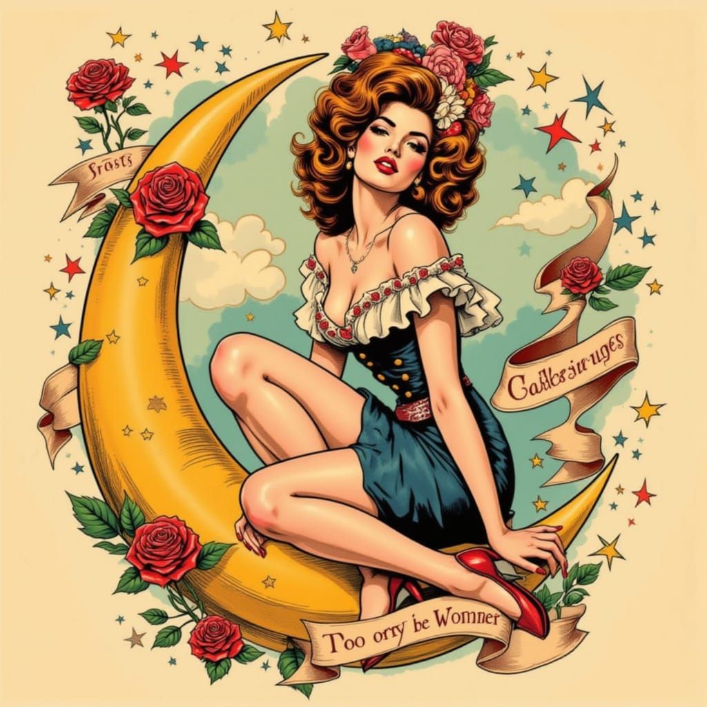 Pin-Up Tattoo Design on Crescent Moon