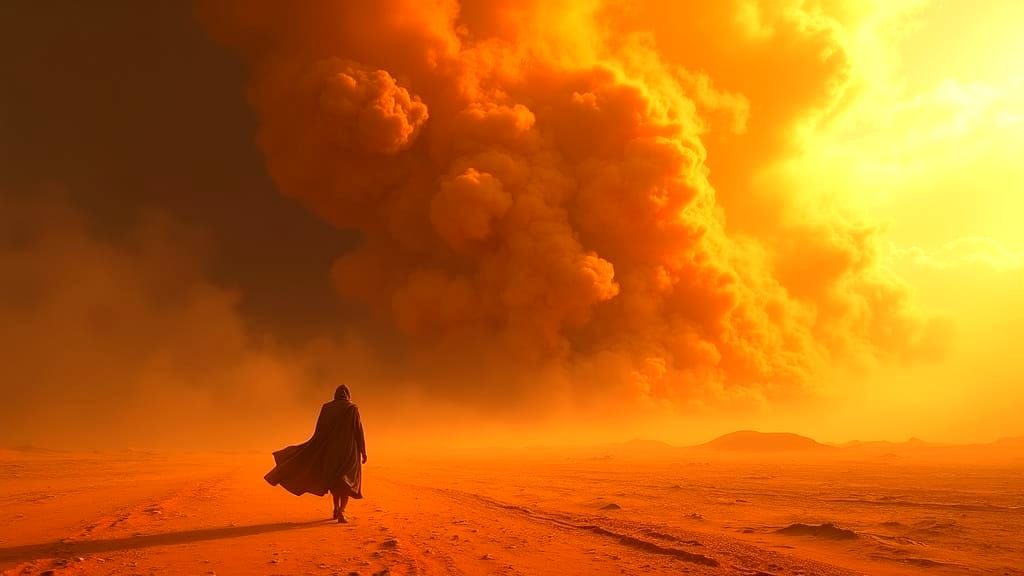Epic Stormy Desert Landscape with a Roaring Lion and a Brave...