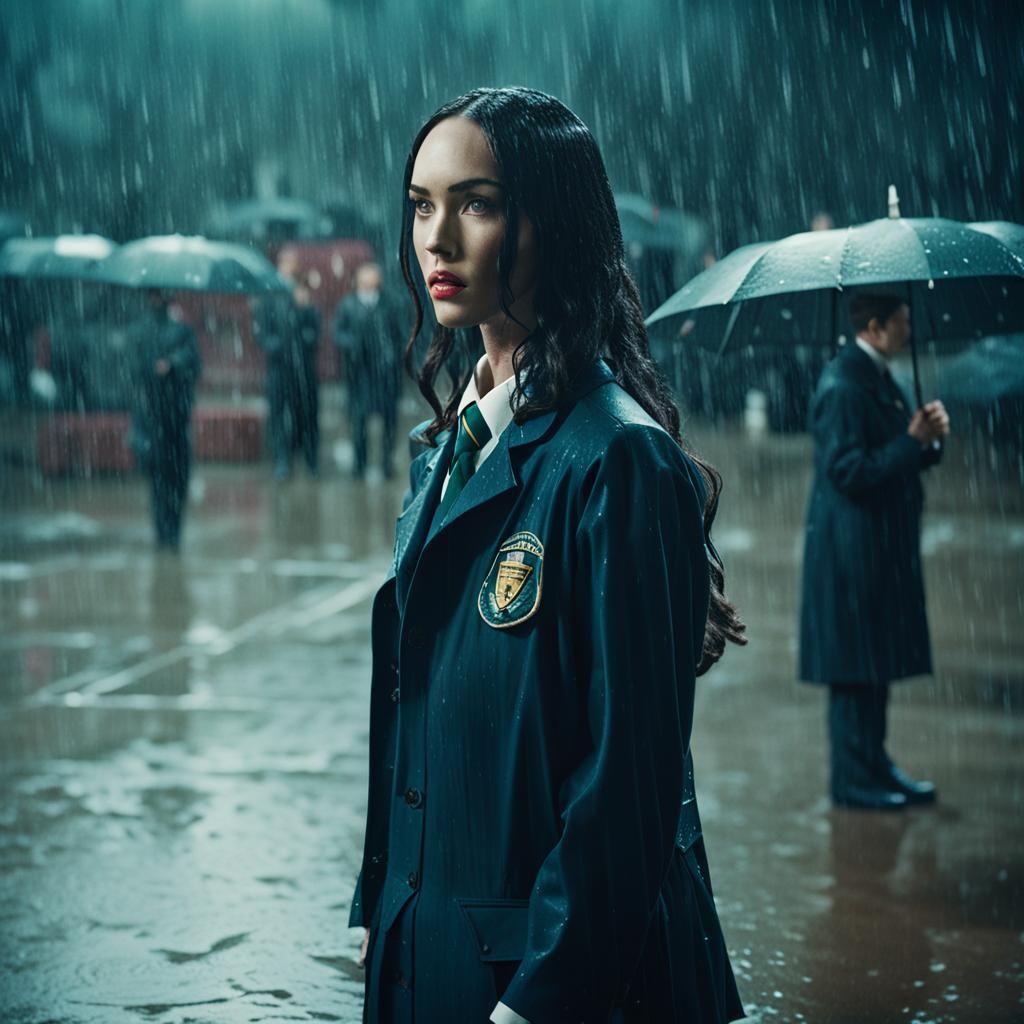 Megan Fox in School Uniform in Rain