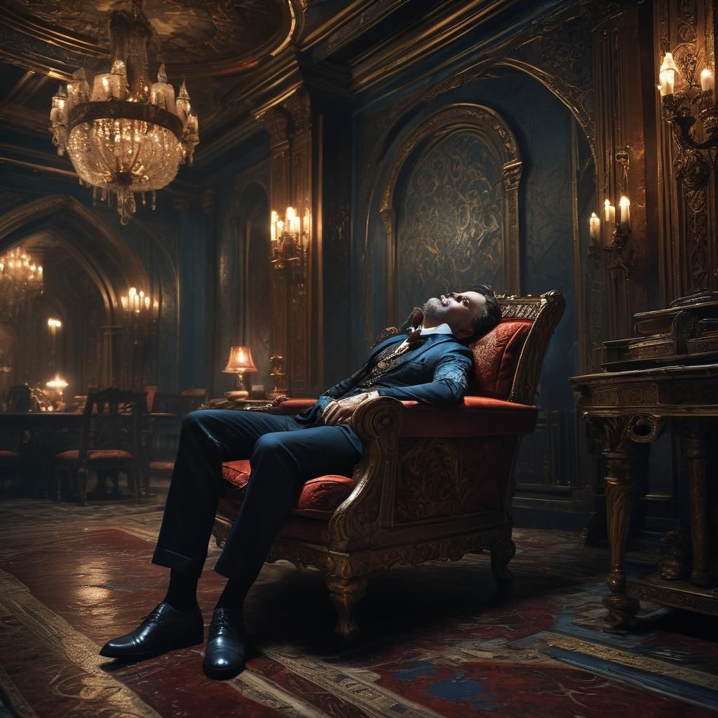 Dark Fantasy: Man with Bloodshot Eye in Ornate Room