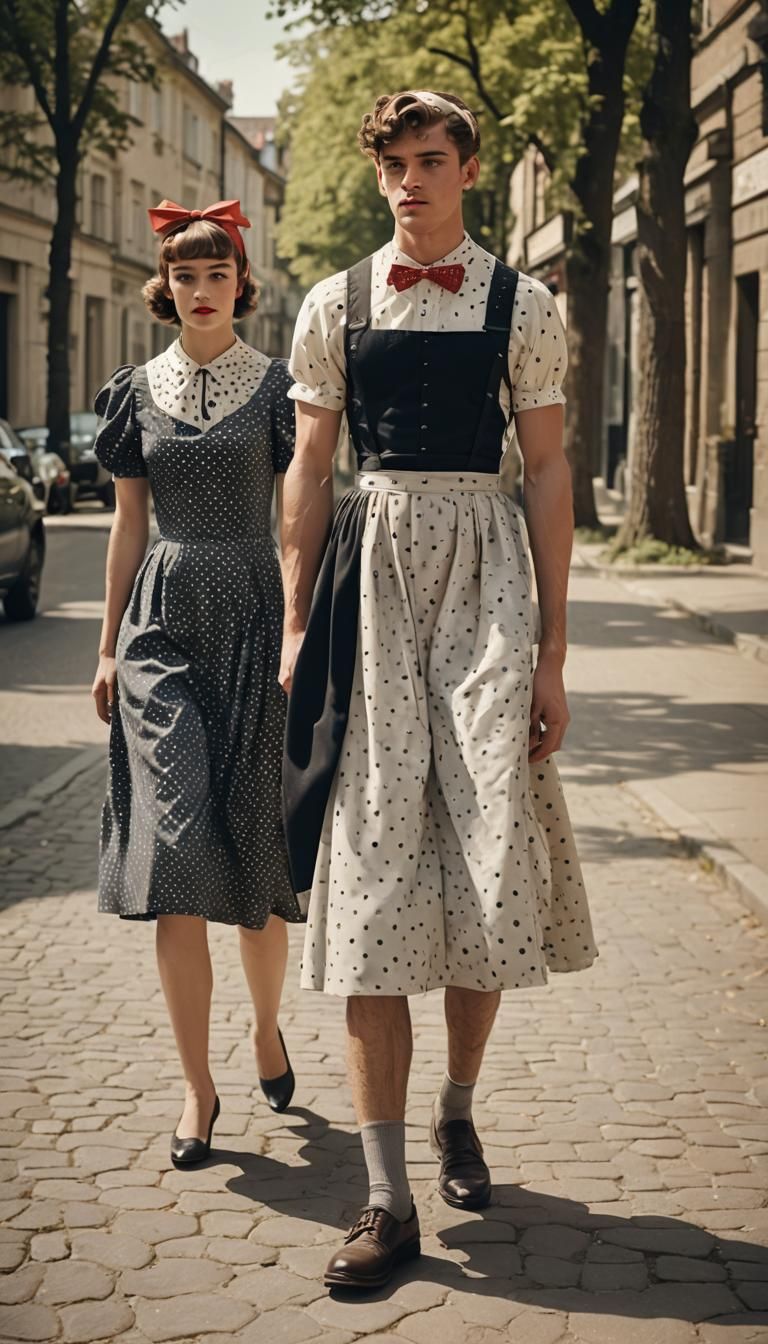 Masculine Boy Crossdressed in Polka Dot Dress