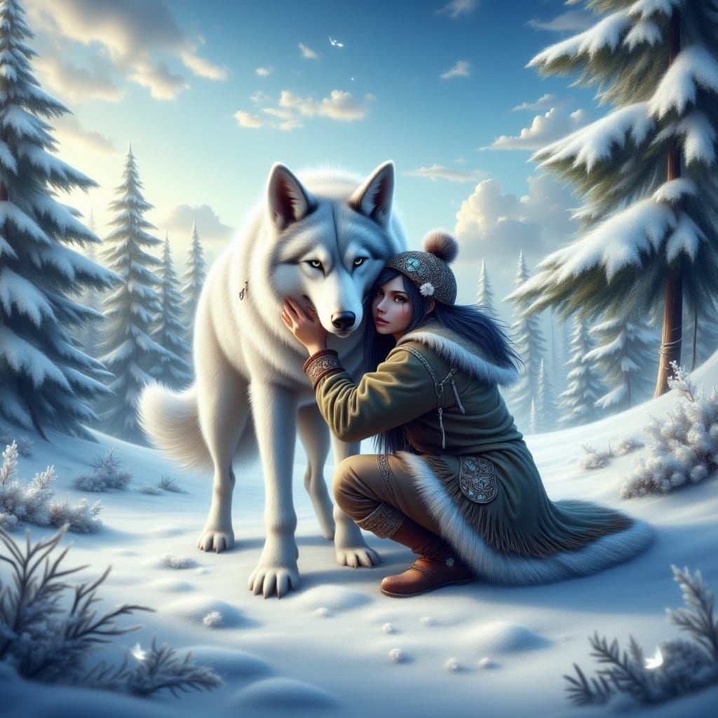 Surreal Dreamscape of Inuit Girl and Husky in Snow-Covered F...