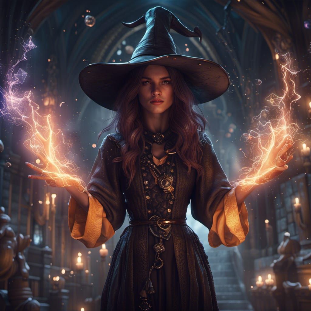Young Witch Channeling Magic in Dark Fantasy Style