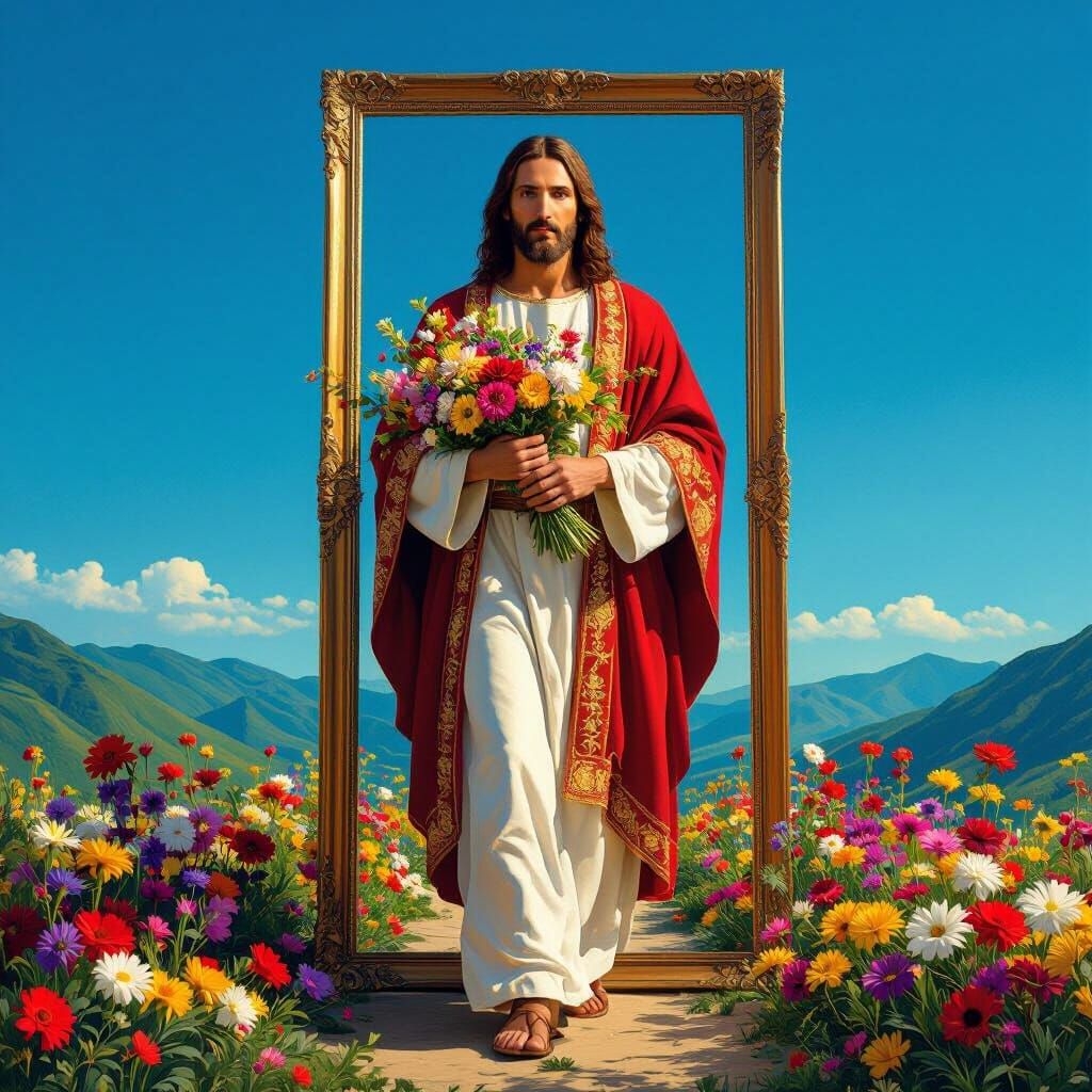 Jesus Walks Toward Camera in Renaissance Style