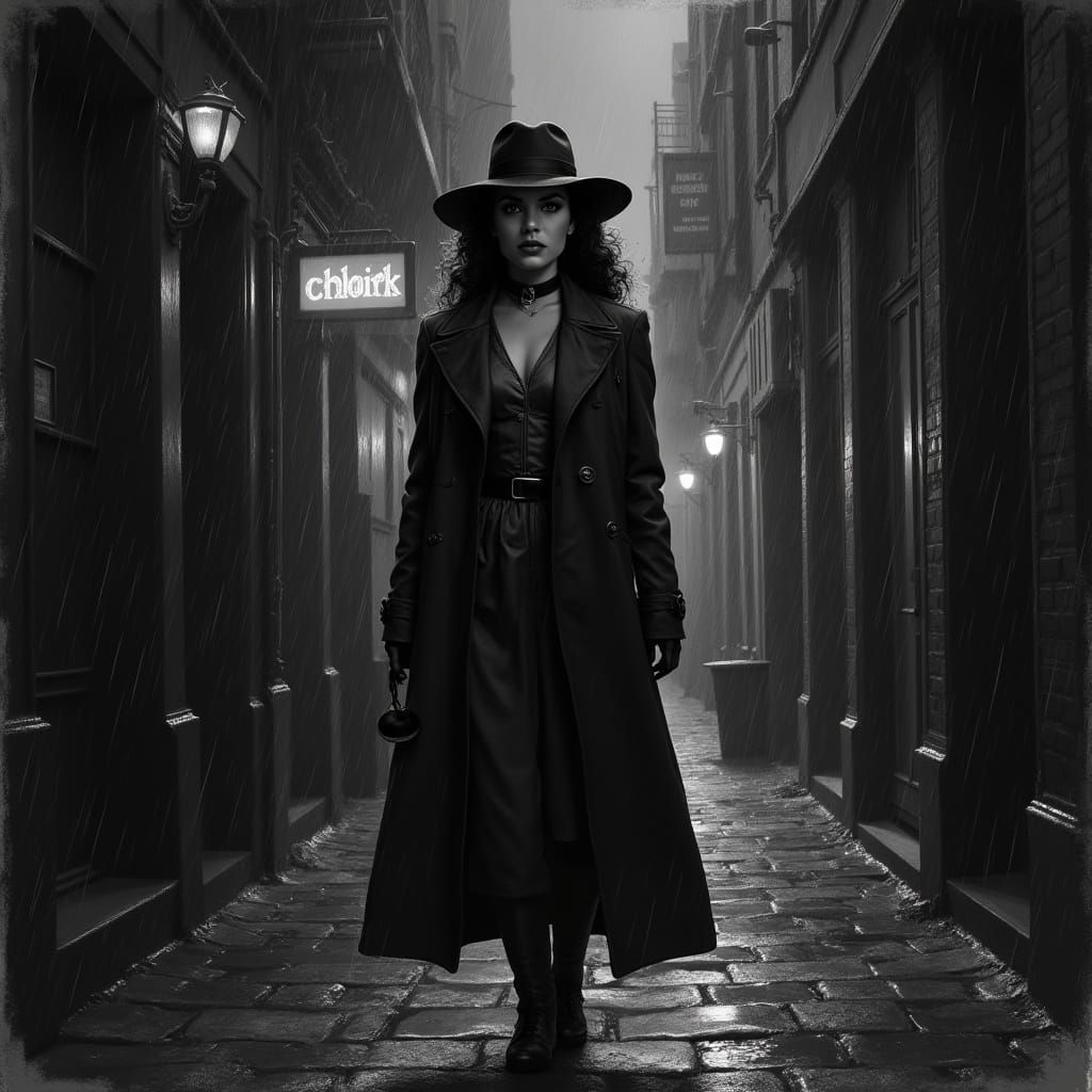 Female Detective in Noir Alley, Charcoal Drawing Style