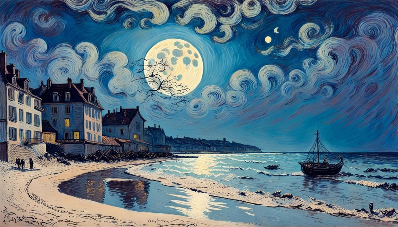 Psychedelic Moonrise at French Seashore, Impressionist Litho...